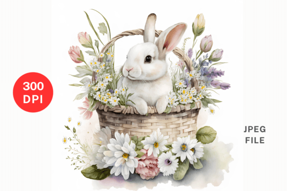 Easter Bunny in Floral Basket Illustrations